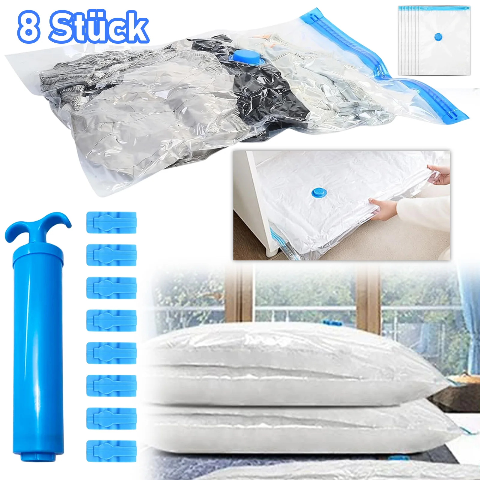 Sac de compression transparent (8 pièces) avec pompe manuelle, idéal pour vêtements, literie, jouets, les courts séjours à la maison et les voyages d'affaires.