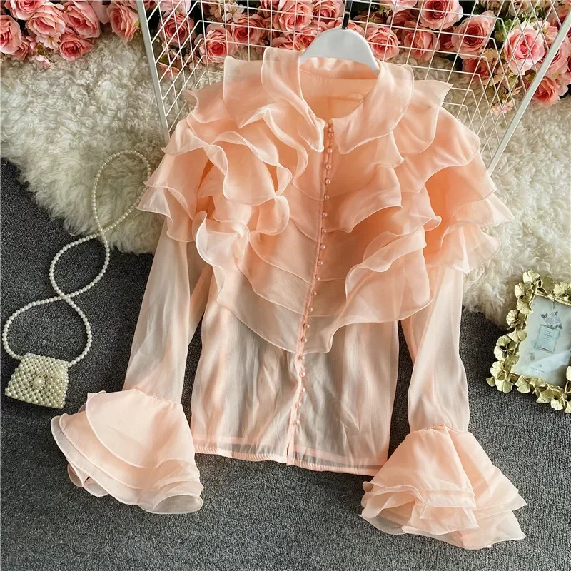 Gagarich Women Shirt 2022 Spring Autumn French Palace Style Ladies Super Fairy Layered Ruffled Organza Flared Sleeve Blouses