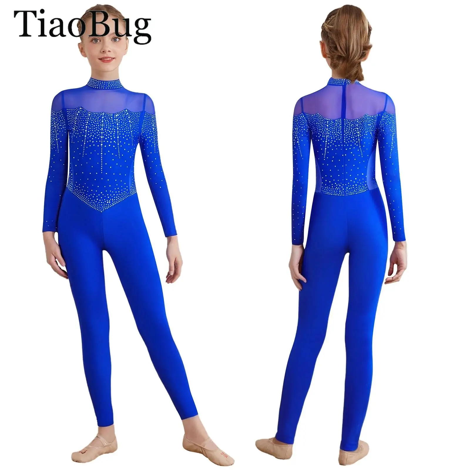 

Girls Figure Skating Jumpsuit Long Sleeve Sheer Mesh Ballet Gymnastics Bodusuit Rhinestones Full Body Leotard Unitard Dancewear