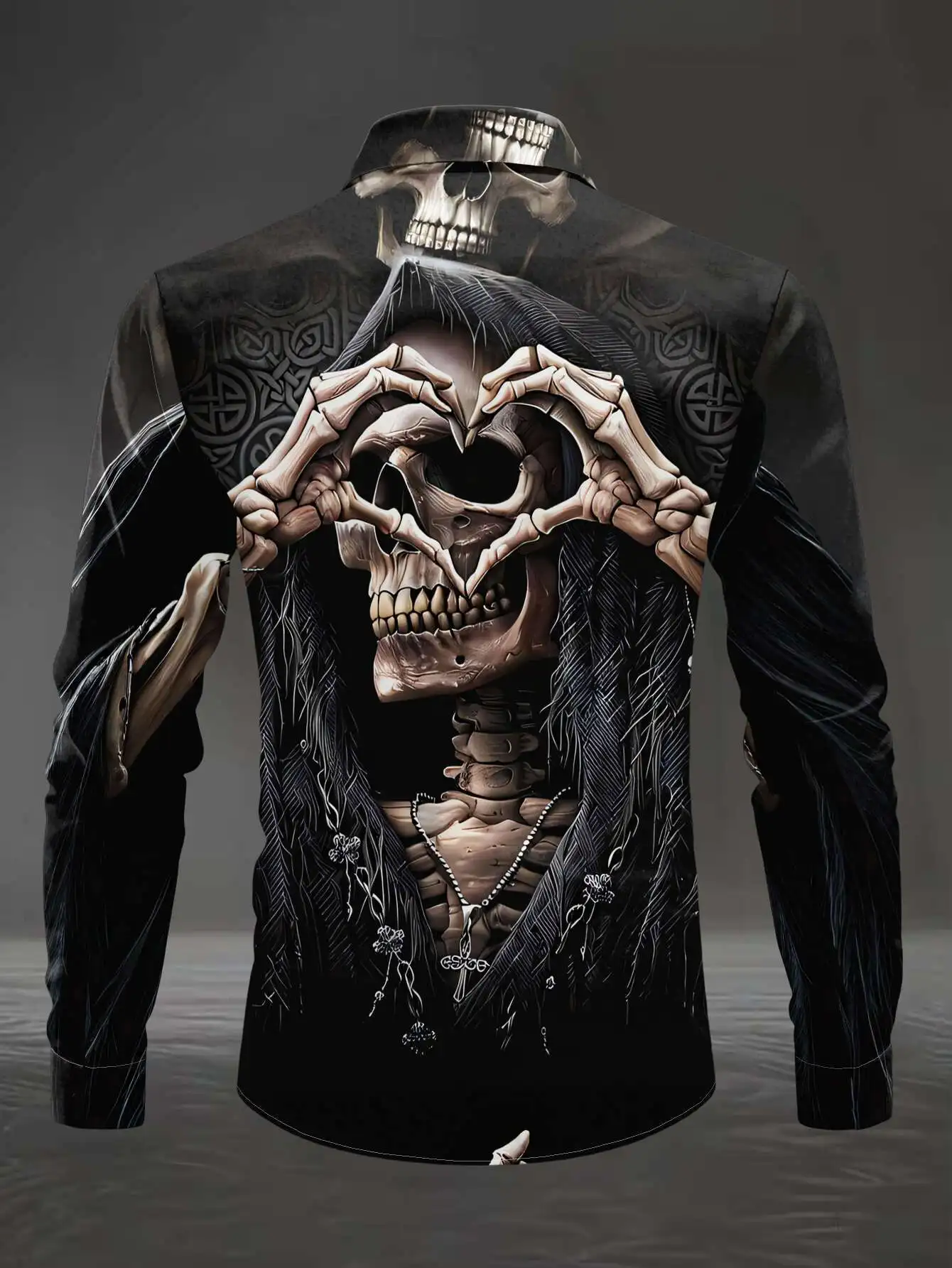 Men Long Sleeve Satin Shirt Skeleton Heart Hand Print Turn Down Collar Button Up Party