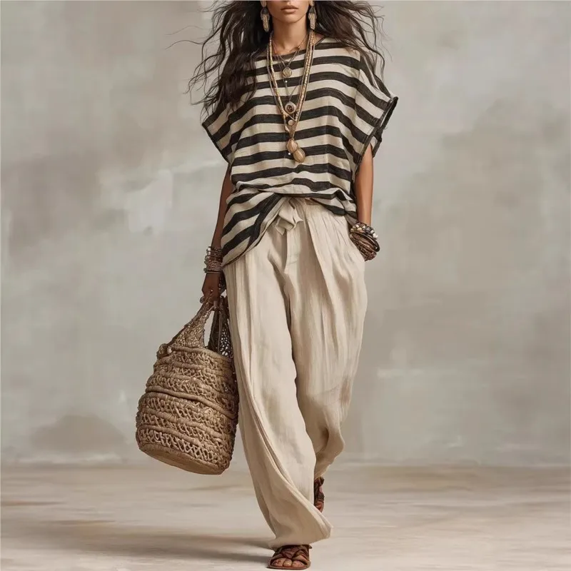 

Fashion Striped Print Loose Two Piece Sets Women Casual Short Sleeve Top High Waist Wide Leg Pants Suit Summer Vacation Outfit