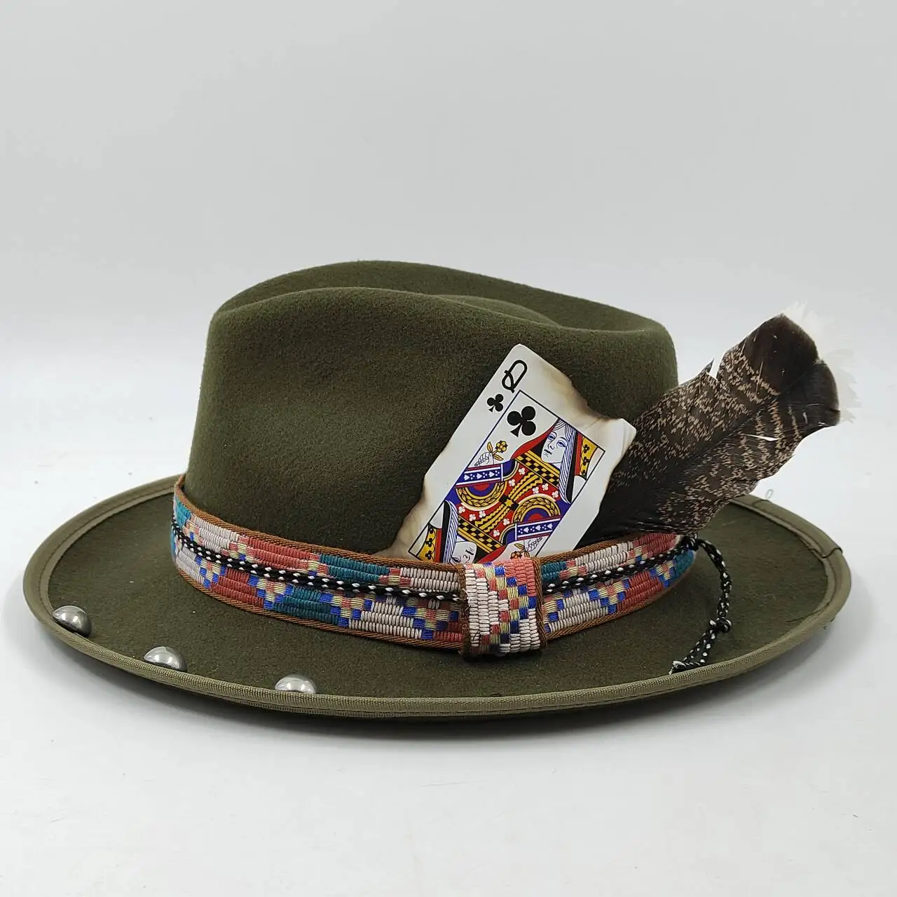 Feather Fedoras Hat for Men Women Black Felt Wide Brim Jazz Cap Gentleman Caps Plum Blossom 8 Playing Card Design Fedora Hat