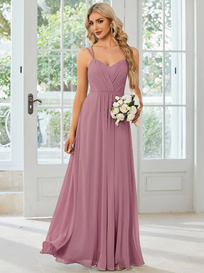 Short sleeves, modern and elegant Convertible Chiffon Lace Open Back Spaghetti Straps Bridesmaid Dress