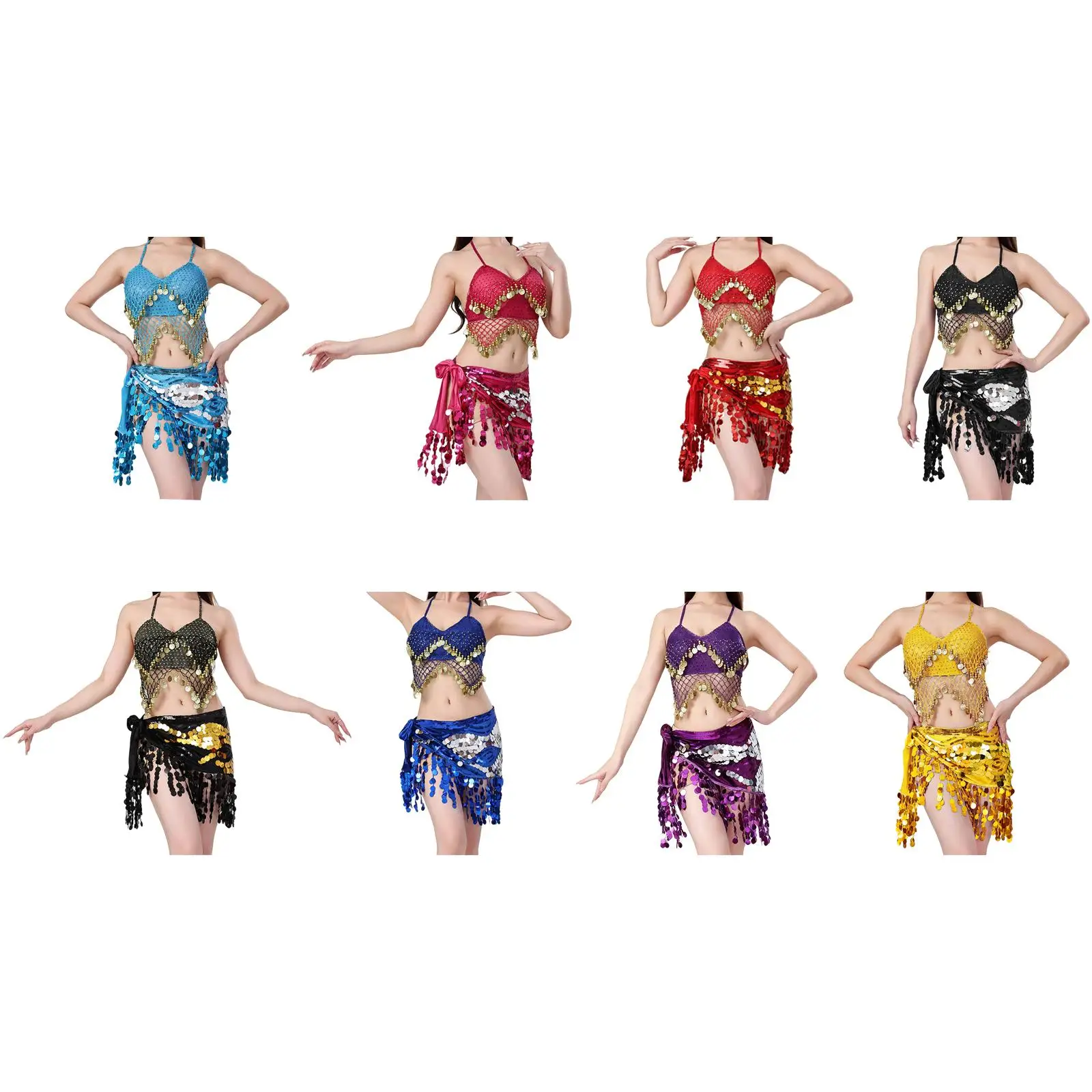 Belly Dancer Outfit Hip Scarf Set Sequin Tassel Skirt and Top Performance Clothing for Music Festival Dance