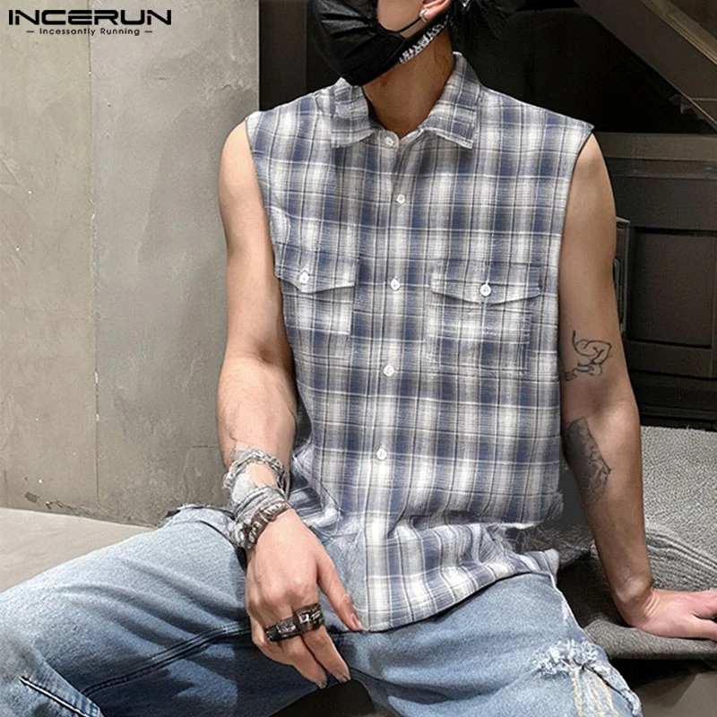 Incerun moda verão topos camisas masculinas sem mangas camisa xadrez lapela t roupas masculinas casuais masculino streetwear oversize S-5XL
