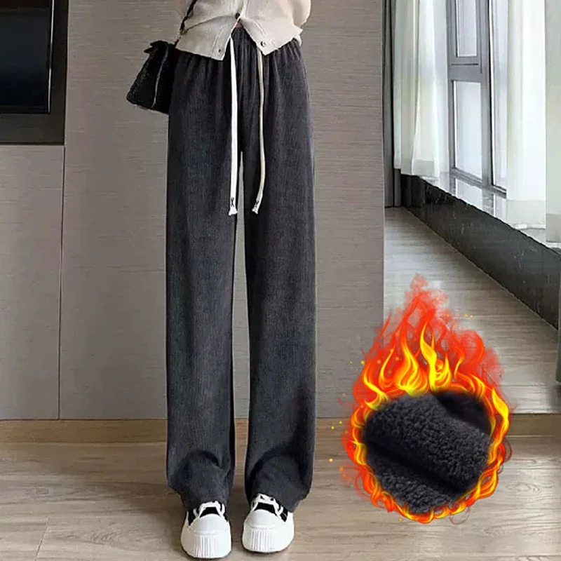 بنطلون بساق مستقيمة للنساء ، بنطلون طويل أحادي اللون ، بنطلون حراري قطيفة للسيدات ، ساق واسعة ، أوقات ترفيهية موجزة يومية ، نسخة كورية ، الخريف والشتاء ،