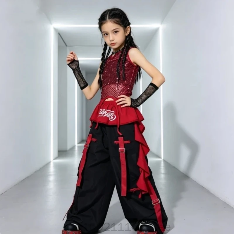 Girls' Red Sequin Jazz Dance Costume, Children's Jazz Practice Costume, Children's Street Dance Performance Costume, Girls' Suit