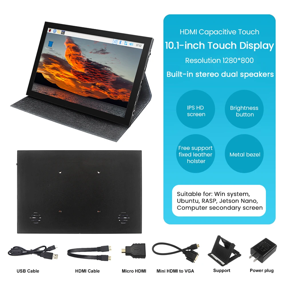 10.1 Inch Capacitive Touch Screen HDMI IPS HD Display Module 1280*800 with Stereo Speakers for Raspberry Pi
