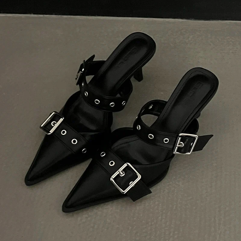 Women's Pumps Fashion Womens Sandals Pointed Toe High Heel Shoes Summer Versatile Women Slippers Punk Goth Metal Buckle Tacones