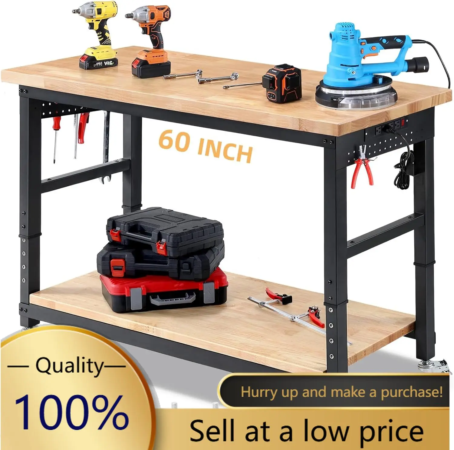 Work Bench for Garage Adjustable Workbenches with Storage 60 Inch Garage Workbench with Under Table Shelf, Pegboard, Power Outle