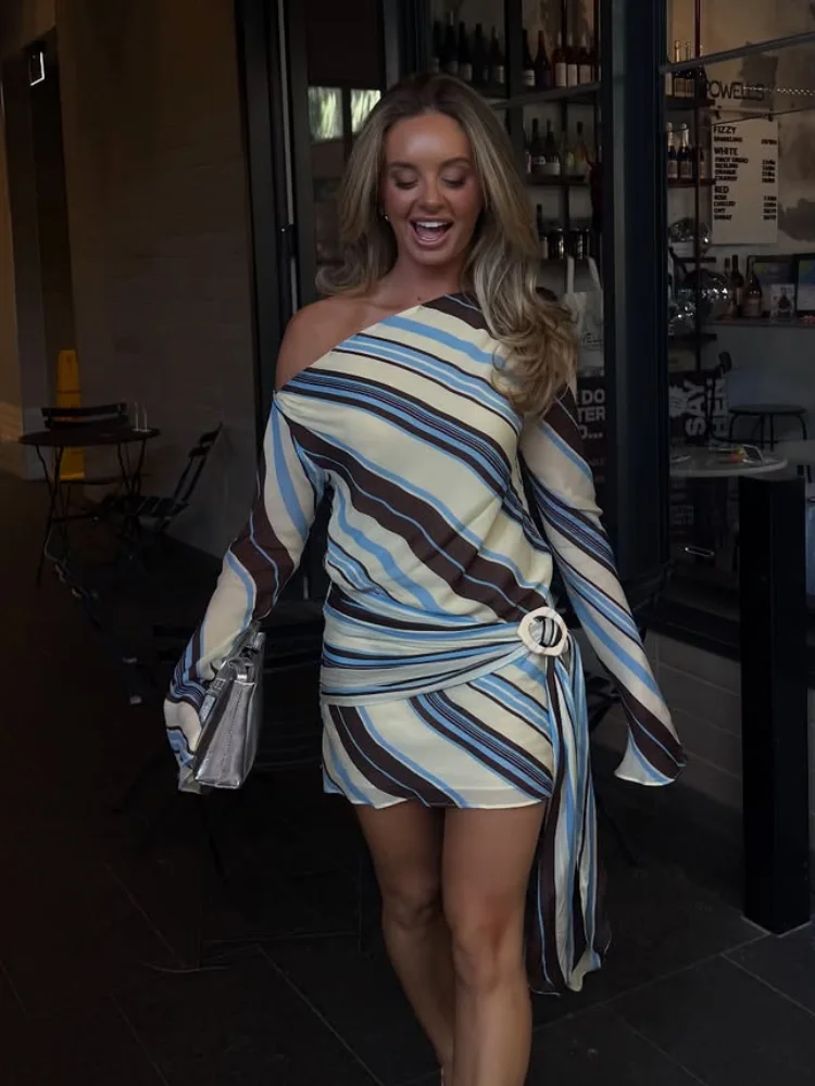 

Женское модное платье с длинным рукавом, в полоску, на шнуровке, с завышенной талией, эластичное, для пляжа, повседневное, мягкое, мини-платье, 2026, для отпуска