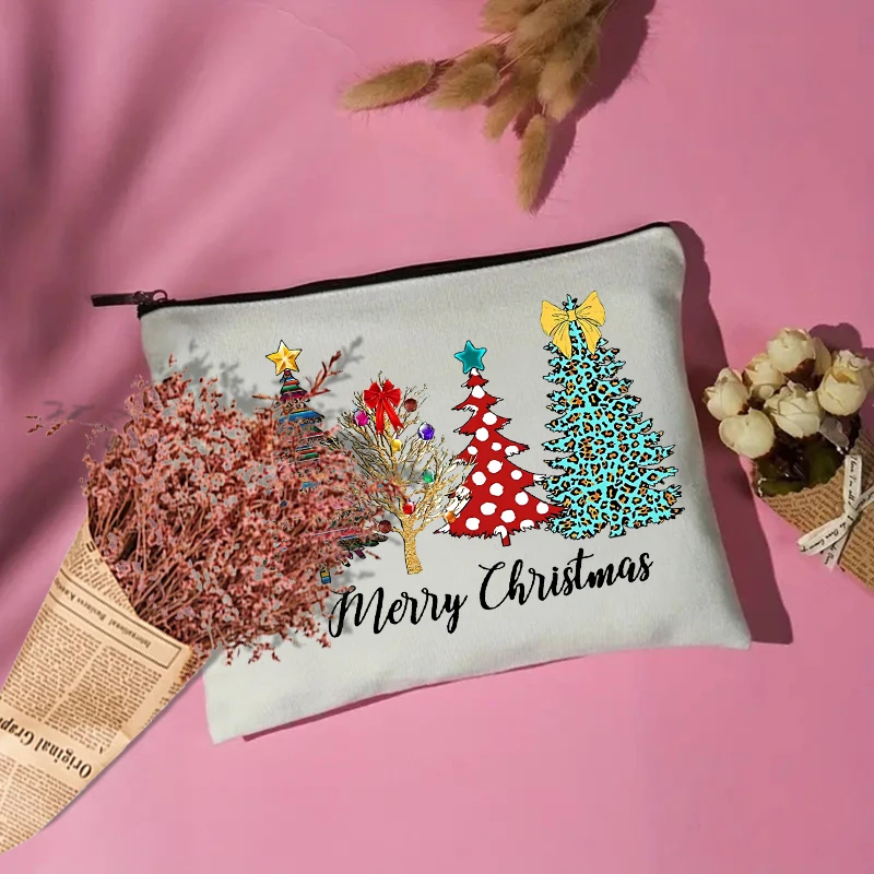 Merry Christmas Tree Pattern Zipper Cosmetic Case Xmas Gift for Friends Sister Mother Daughter Canvas Makeup Bag Toiletry Bags