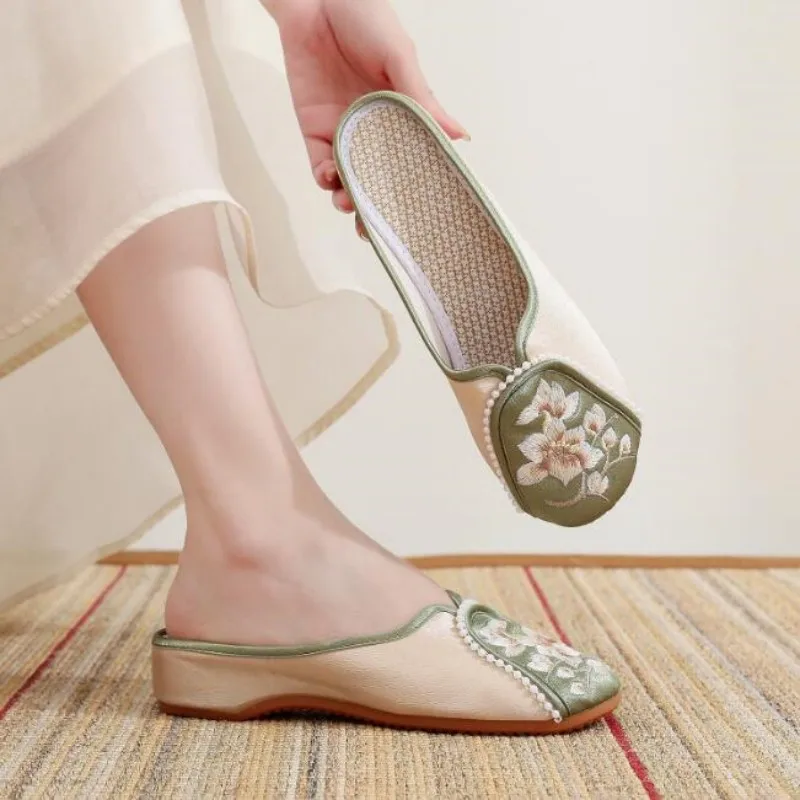 Pantofola estiva retrรฒ ricamata con punta tonda da donna muli di lino traspiranti scarpe eleganti Casual da donna scarpe da ballo in stile etnico