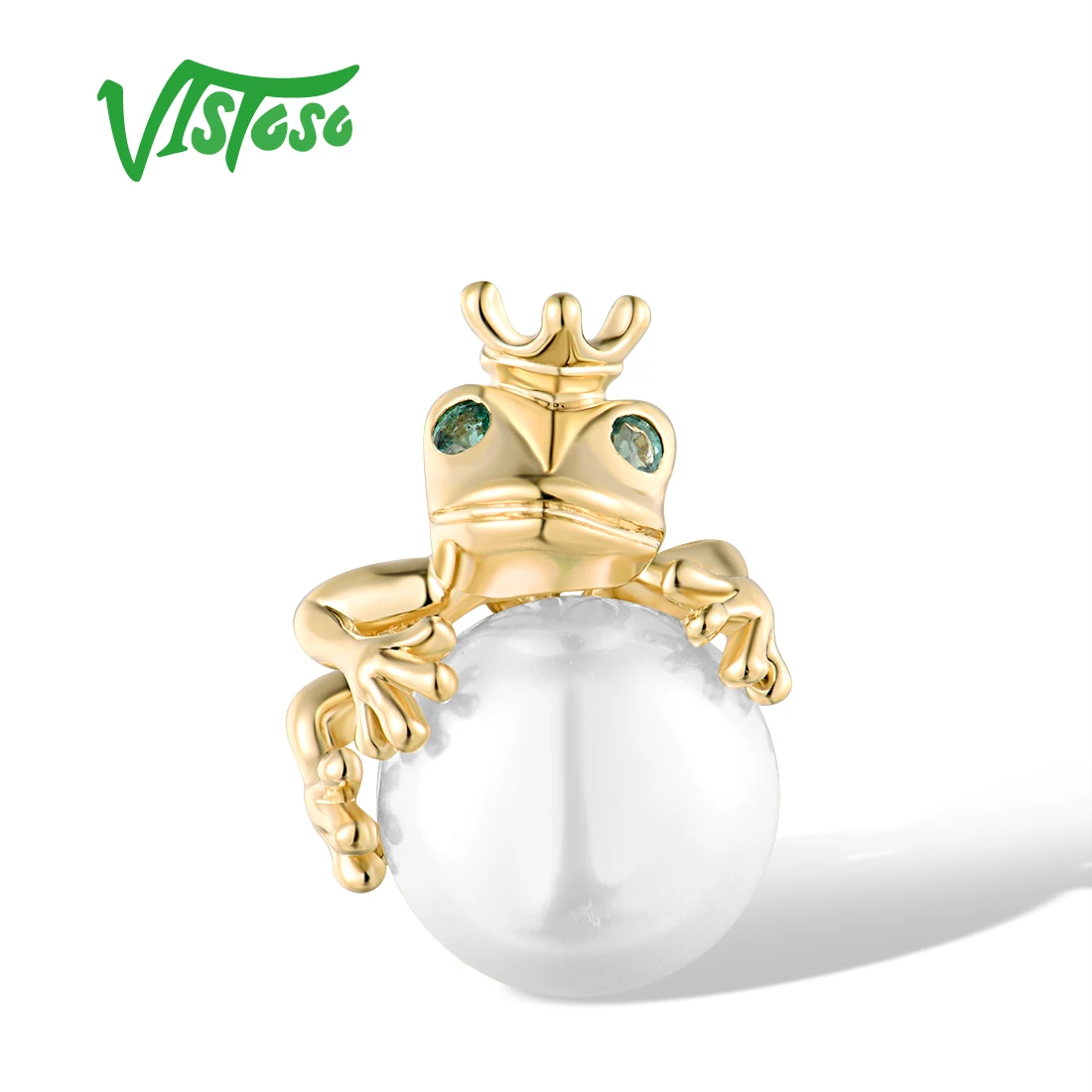 

VISTOSO Pure 14K 585 Yellow Gold Pendants For Women Emerald Fresh Water White Pearl Cute Frog Wedding Party Gift Fine Jewelry