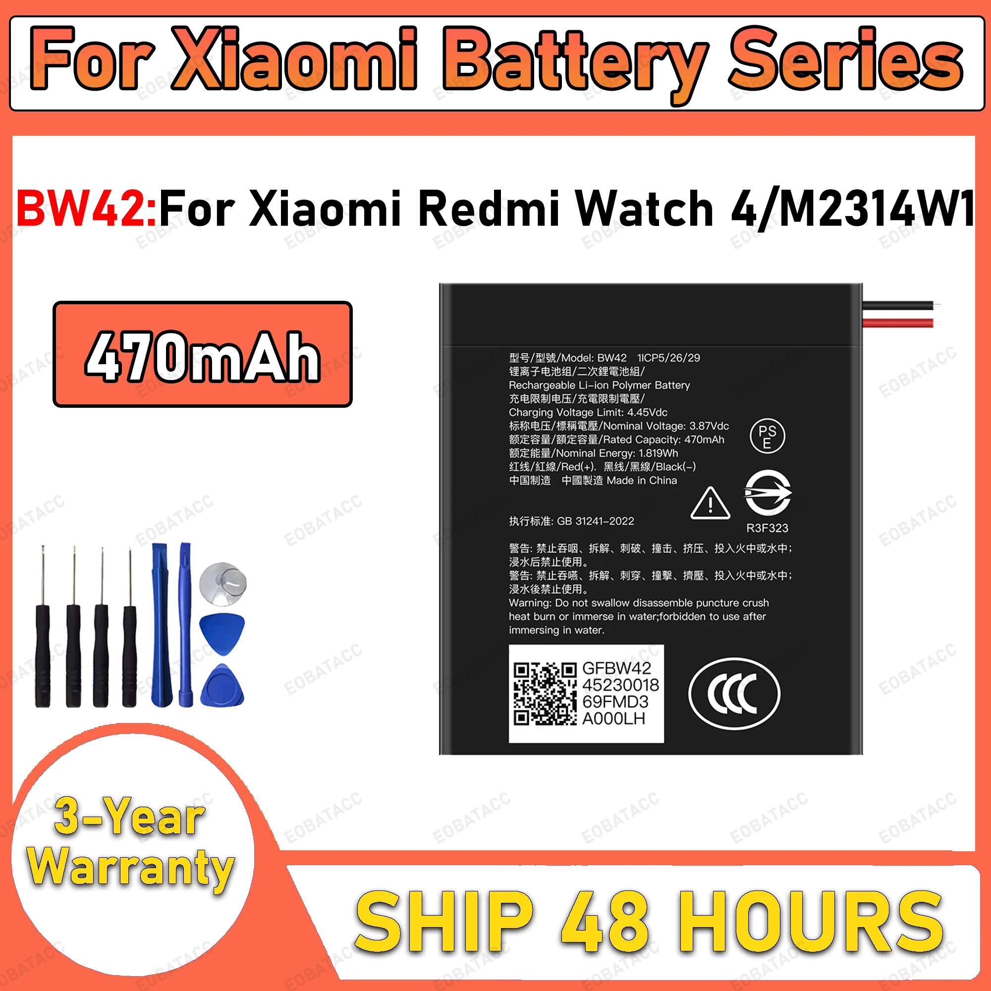 470mAh 100% New BW42 Battery For Xiaomi Redmi Watch 4/M2314W1 Replacement Bateria+Free Tools