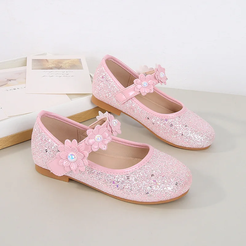 Girls Princess Shoes Soft Non Slip Sole Fashion Flower Sequin Toddler Kids Casual Flat Leather Shoes for Performance Party