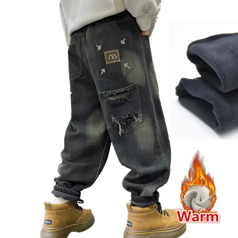 

Big Boy Winter Velvet Lined Jeans Warm Insulated Stretch Straight Trousers For Kids Dark Gray Thermal Jeans Pants 5 7 9 11 13 14