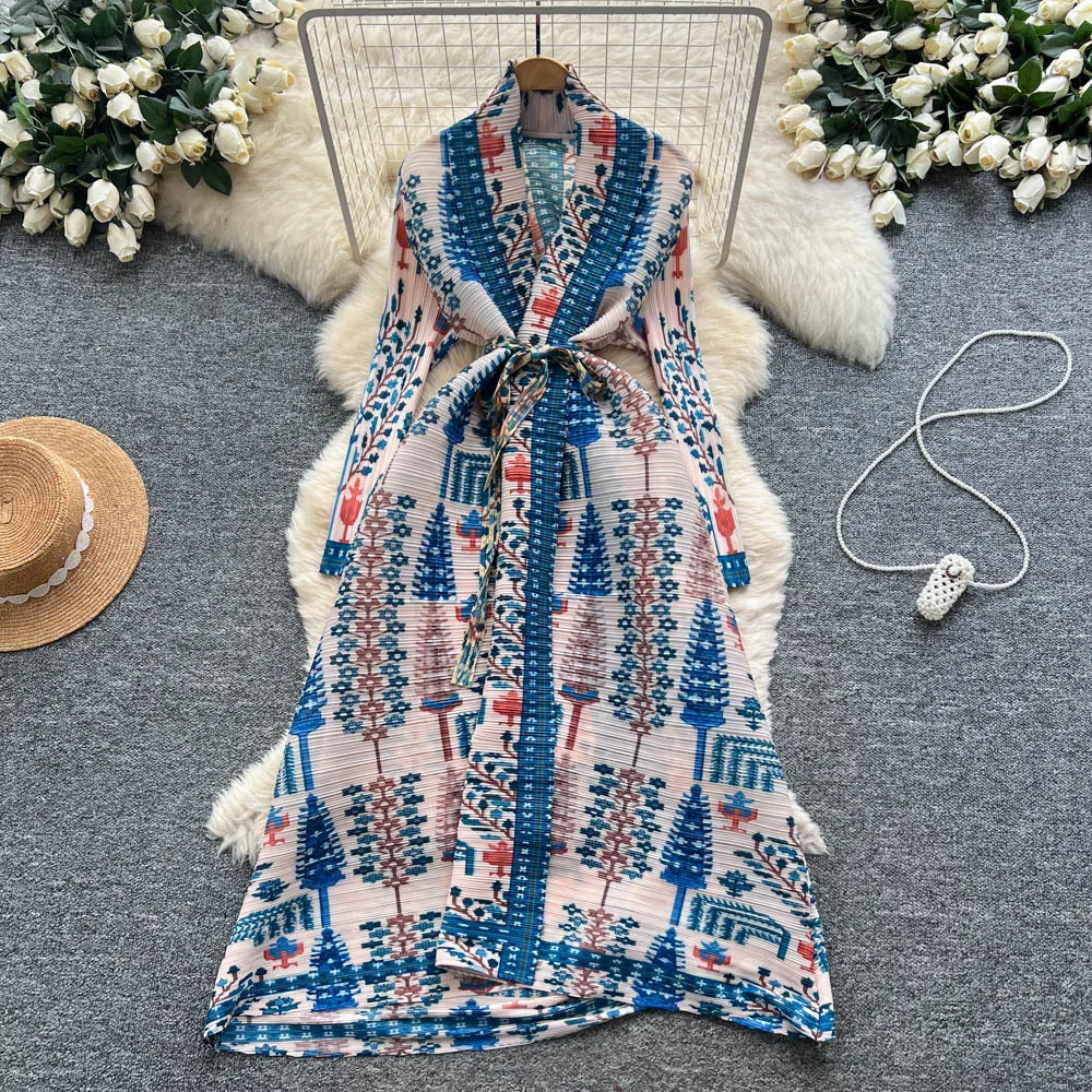 Miyake mode bedrukte jurk dames premium gevoel riem taille v-hals vest met lange mouwen geplooide lange rok