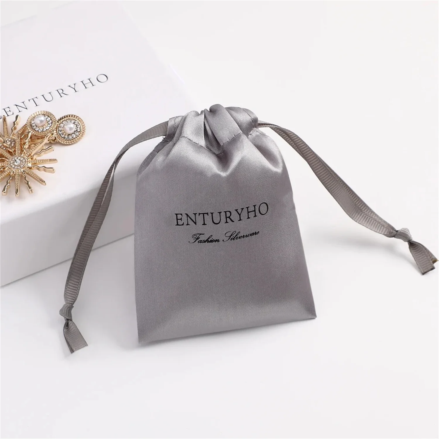 

100 grey satin drawstring bag personalize logo custom dust pouch jewelry packaging pouch printing wholesale gift packaging produ