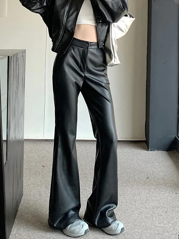 Jmprs Streetwear Moto Pu Flare Pants Women High Waist Slim Vintage Trousers Harajuku Casual American Retro Female Autumn Pants
