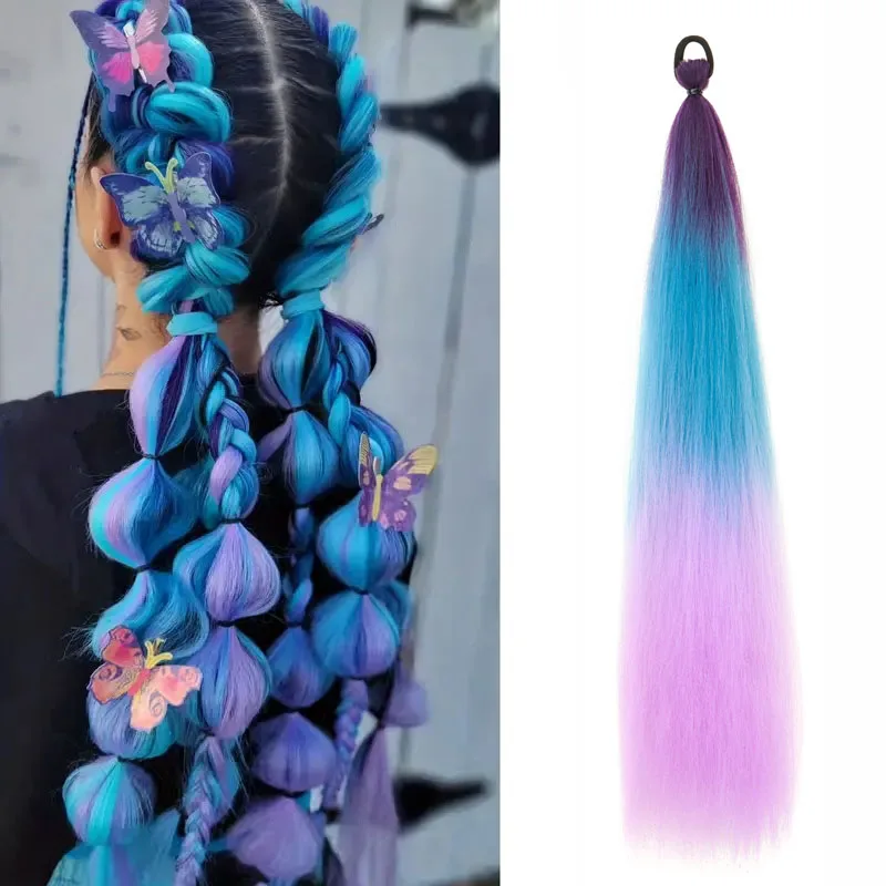 Cola de caballo sintética larga y recta de 24 pulgadas con banda elástica, accesorio de cabello colorido para trenzas DIY