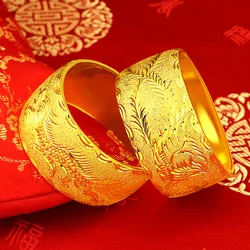 30 MM Ultra Wide Luxury 24k Pure Gold Plated Bracelet for Women Bride Wedding Dragon Phoenix Matte Jewelry Gold Bangles Gifts