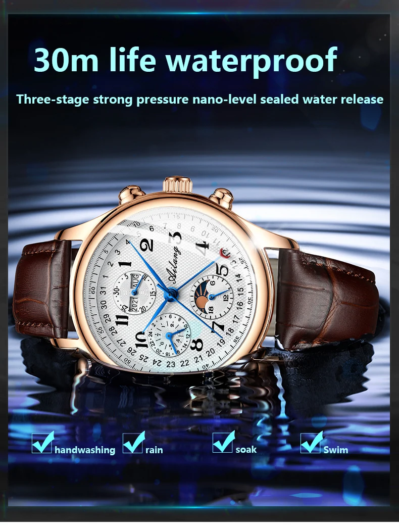 Ailang top luxury brand men\'s automatic mechanical watch moon phase calendar multi-function waterproof business wristwatch