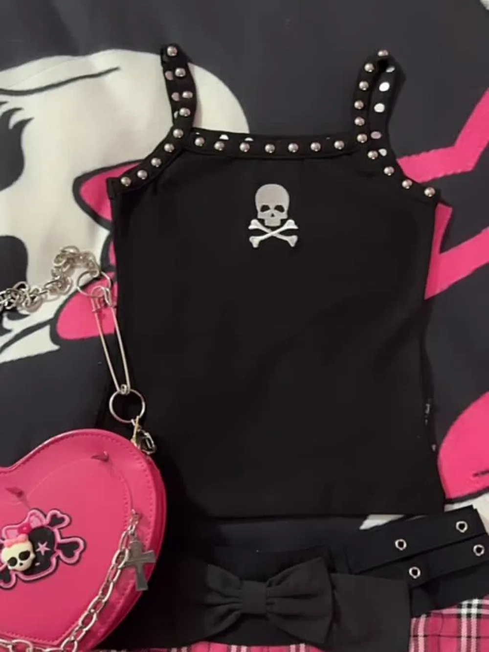 Sweet Cool Hot Girl Gothic Tank Top, European American Ins Skull Rivet, Street Sexy Unique Crop Top for Women Y2K Subculture Ins