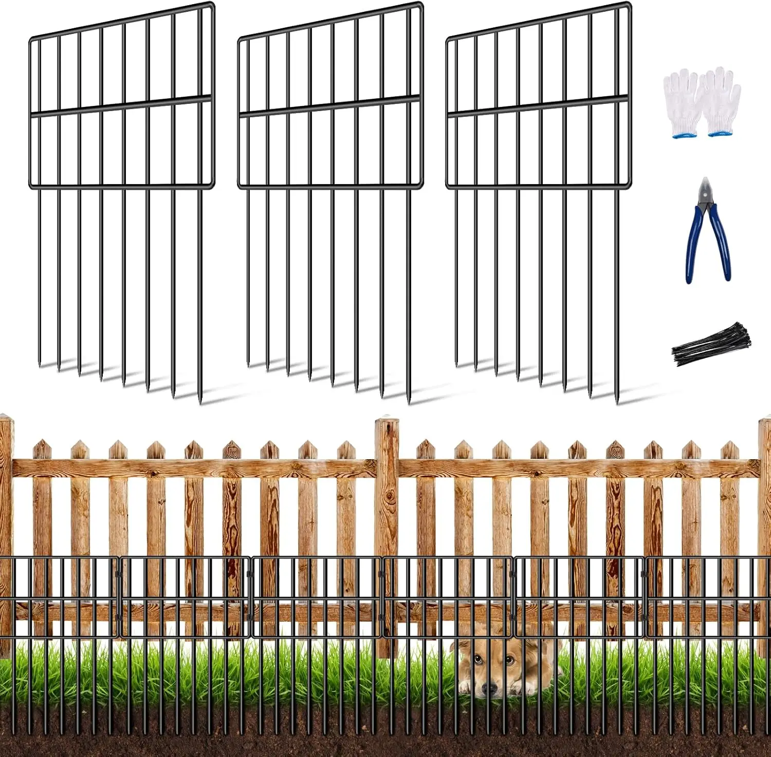 25 Pack 17in High No Dig Garden Fence, Rustproof Metal Barrier for Dogs Rabbits Outdoor Yard
