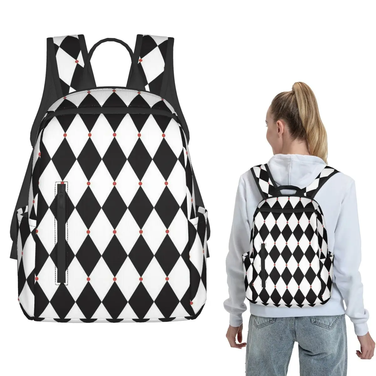Harlequin Plaid Playing Cards Backpack Daypack Boys Girls BookBag School Bag Shoulder Bags for Men Women