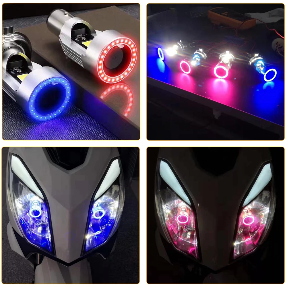 30W With Fans H4 BA20D Blue/Red Angel Eye LED Motorcycle Headlight Scooter Motorbike Headlamp Light Bulb DRL Accessories