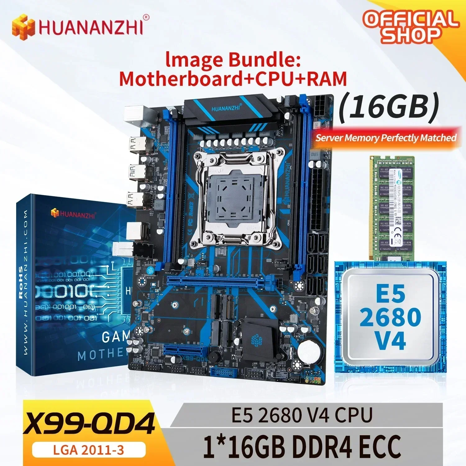 HUANANZHI X99 QD4 LGA 2011-3 XEON X99 Moederbord met Intel E5 2680 V4 met 1 * 16G DDR4 ECC Geheugen Combo Kit Set NVME RU