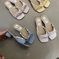 Gentle Fairy Ballet Style Half Slip Women Summer 2025 New Square Head Lace Edge Butterfly Knot Mule Slippers Korean Version