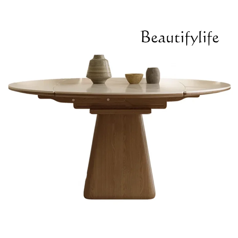 Round telescopic folding rock slab dining table Solid wood Modern simple square and round dual-purpose variable round table