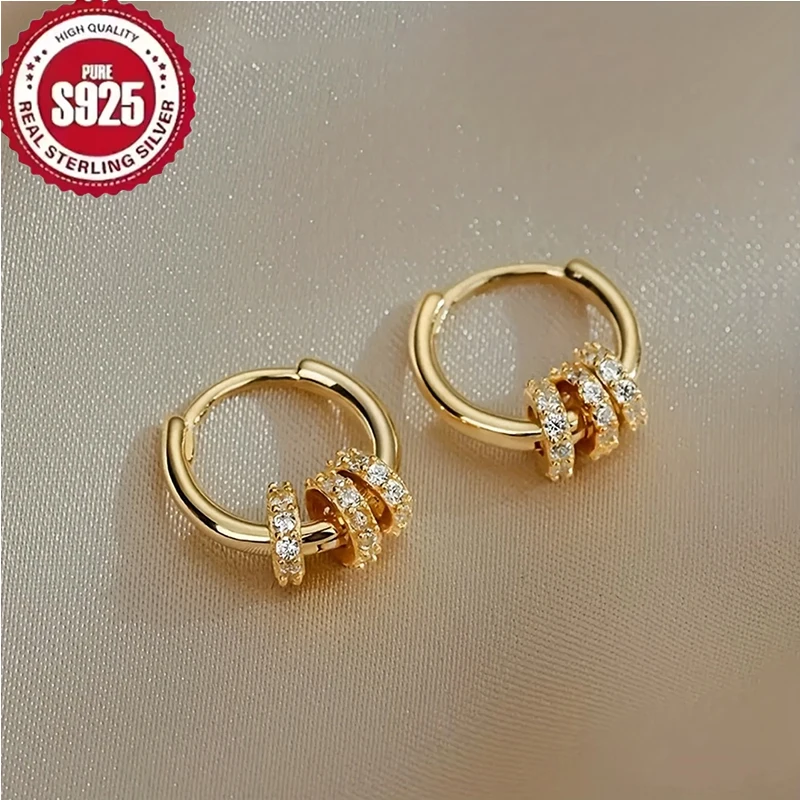 925 Sterling Silver Gold Plated Huggie Hoop Earrings Dainty Sparkling CZ Cluster Design Hypoallergenic Elegant Jewelry for Women - view 3