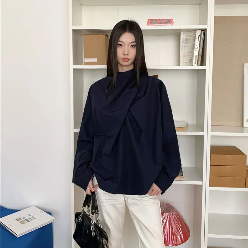 EAEOVNI moda bufanda cuello mujer blusa Color sólido pliegues diseño camisa de manga larga Casual 2025 nueva ropa femenina 1A1647