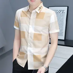 Men's Turn-down Collar Contrast Color Summer Button Short Sleeve Cardigan Shirt Letter Embroidery Casual Formal Clothing Tops