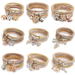 3Colors/Lot Tree Of Life Elastic Bracelet Set For Women Crystal Owl Key Lock Music Note Butterfly Heart Charm Bangle Men Jewelry