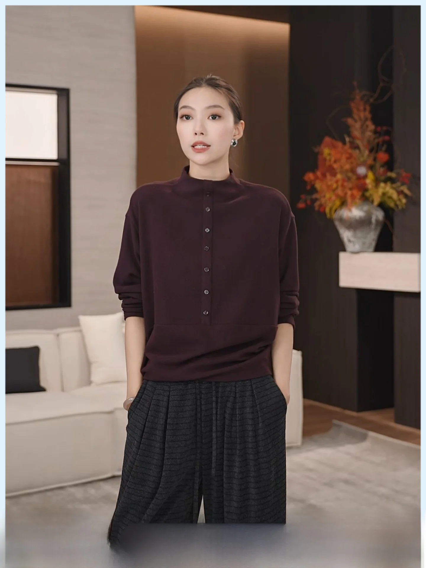 

Loose Fit Women's Sweatirt Button up f High Ne Knitted Base Layer Spring 2026 Casual Sle Cotton Polyester Blend