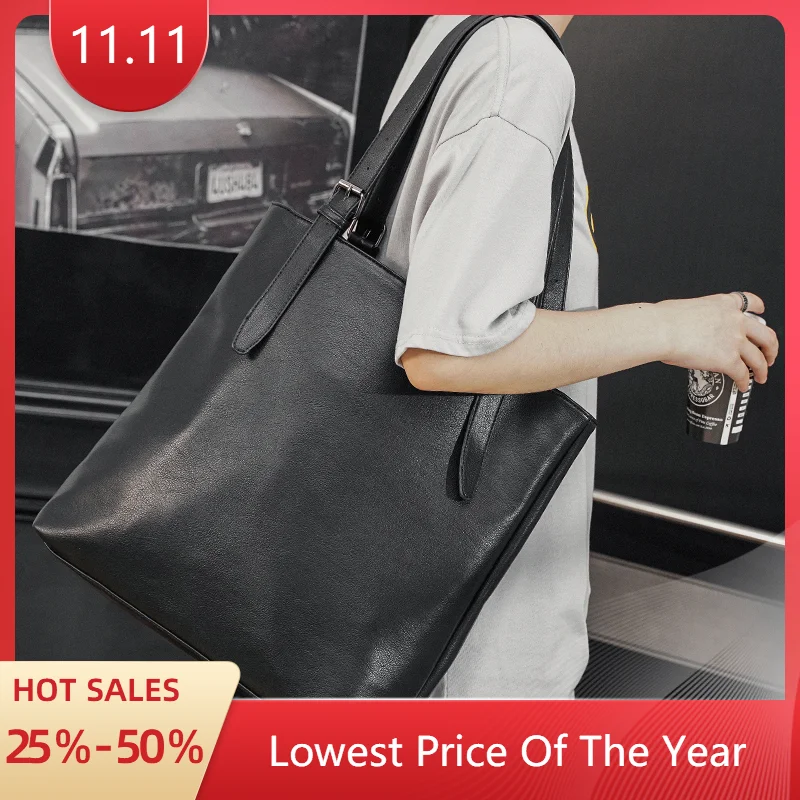 Soft Leather Tote Bag for Men Japanese Korea Style Business Casual Street Handbag Male Large Capacity Zipper Laptop Underam Bags