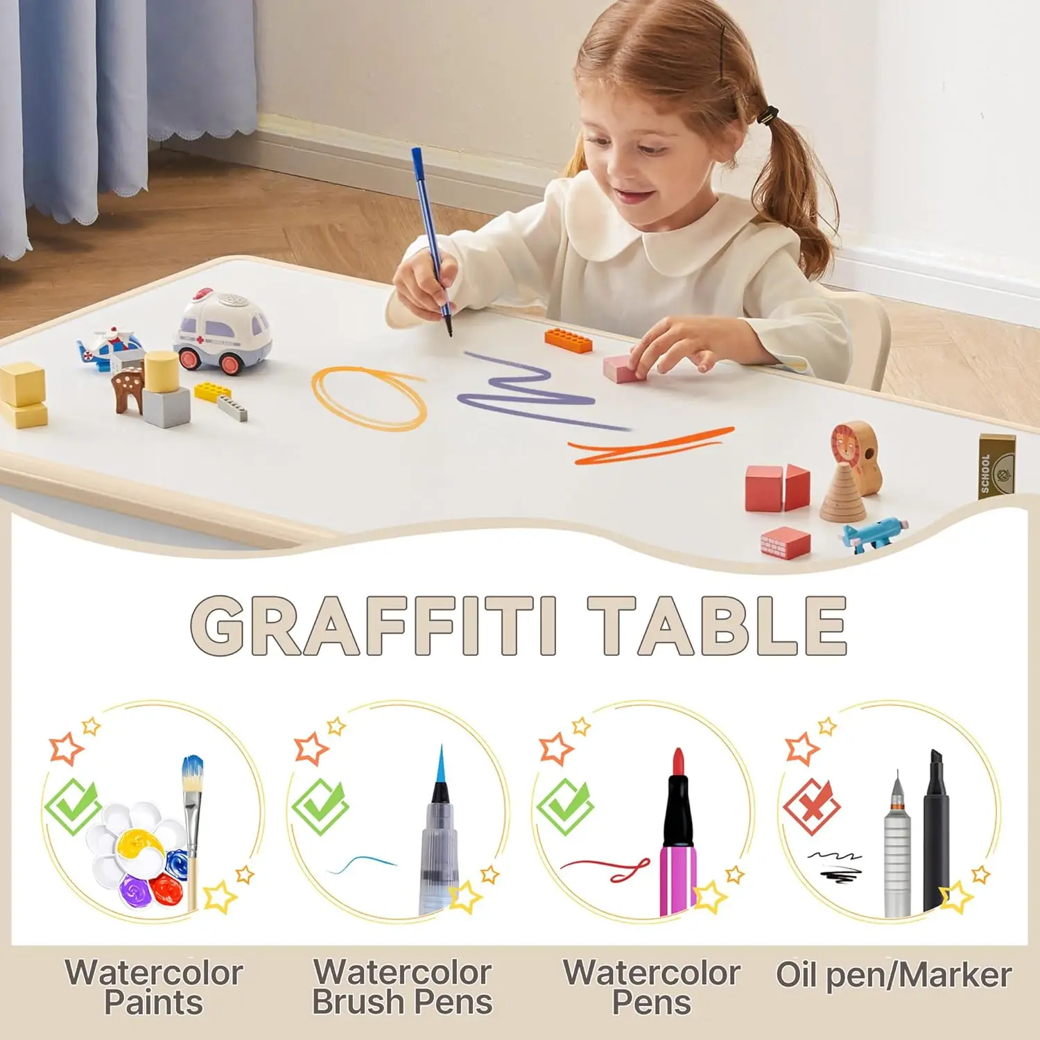 Studie Tafel En Stoelen Set, In Hoogte Verstelbare Peuter Tafel En Stoel Set Voor Kinderen Van 3-8 Jaar, Graffiti Desktop (Burlywood - 1)