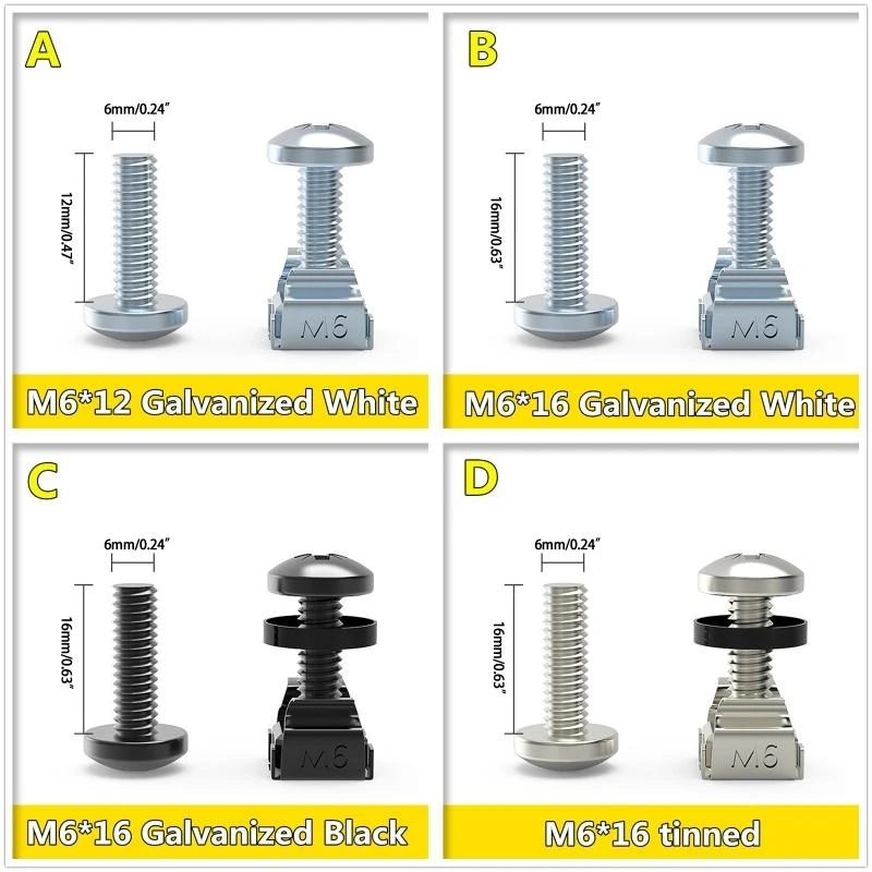 090F Carbon Steel Screws Cage Screws Washer x12mm 16mm Rack Mount Server Cabinet Shelves Routers Corrosion Resistant