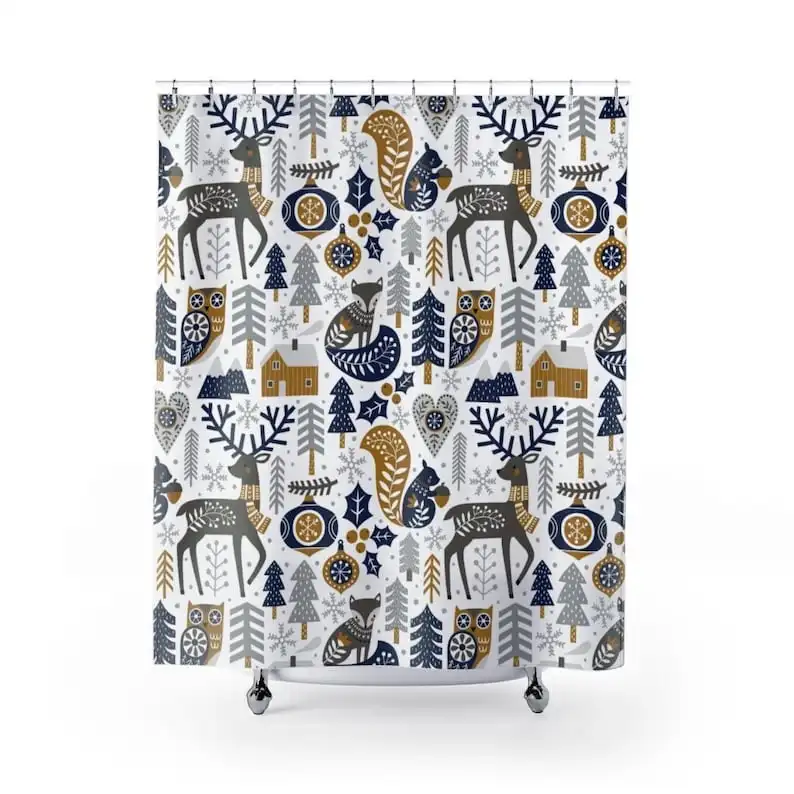 

Рождественская занавеска для душа в скандинавском стиле с оленями, декор для ванной комнаты в зимних каникулах с животными в скандинавском минималистском дизайне