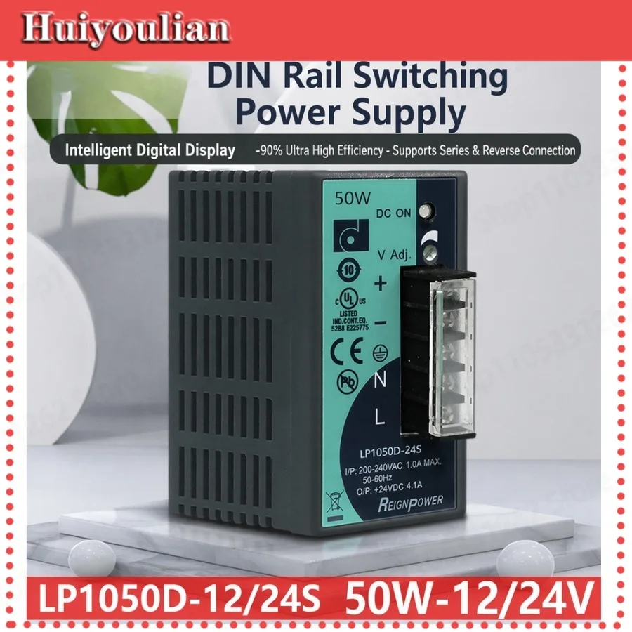 50W 24V DIN Rail Power Supply LP1050D-24S, 220V AC to 24V DC Industrial Switch Source with Overload Protection