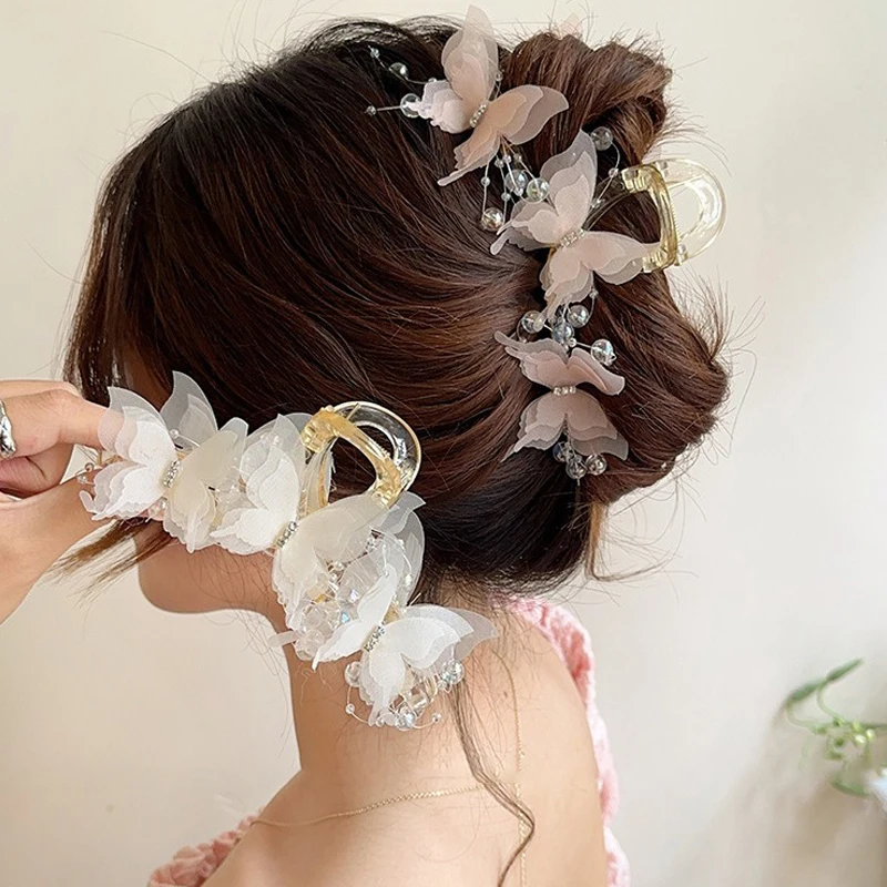 

New Fashion Simulation Butterfly Hair Clips Women Elegant Pearl Bow Ponytail Clip Hair Accessories Sweet Crab Claw Headdress