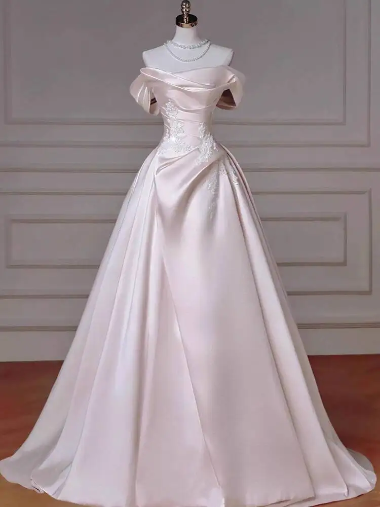 

French Satin Off-Shoulder Evening Dress For Women, High-End Feel, Coming-of-Age Ceremony, Vocal Performance, Solo Singing, Host