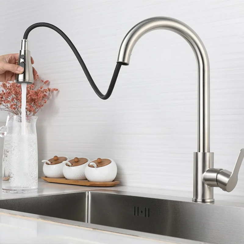

Kitchen faucet pull-out cold and hot wire drawing sink 304 stainless steel dishwasher retractable swivel