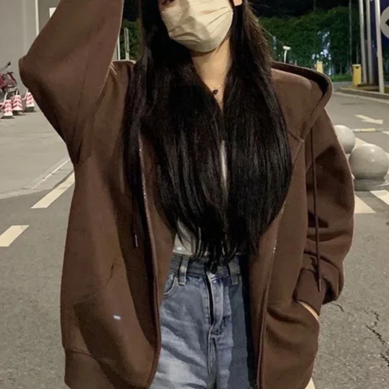 Autumn Winter New Fashion Hoodies Solid Long Sleeve Women's Clothing Pockets Zipper Korean Simplicity Warm Trend Drawstring Tops