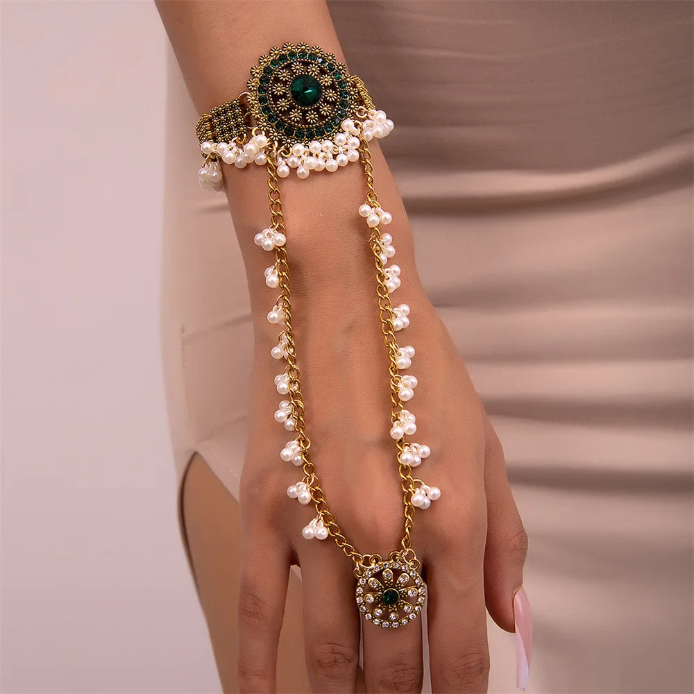 Boho Retro Women's Bracelet One-Piece Gold Color Crystal Flower Finger Ring Bracelets Pearl Tassel Bridal Ethnic Indian Jewelry