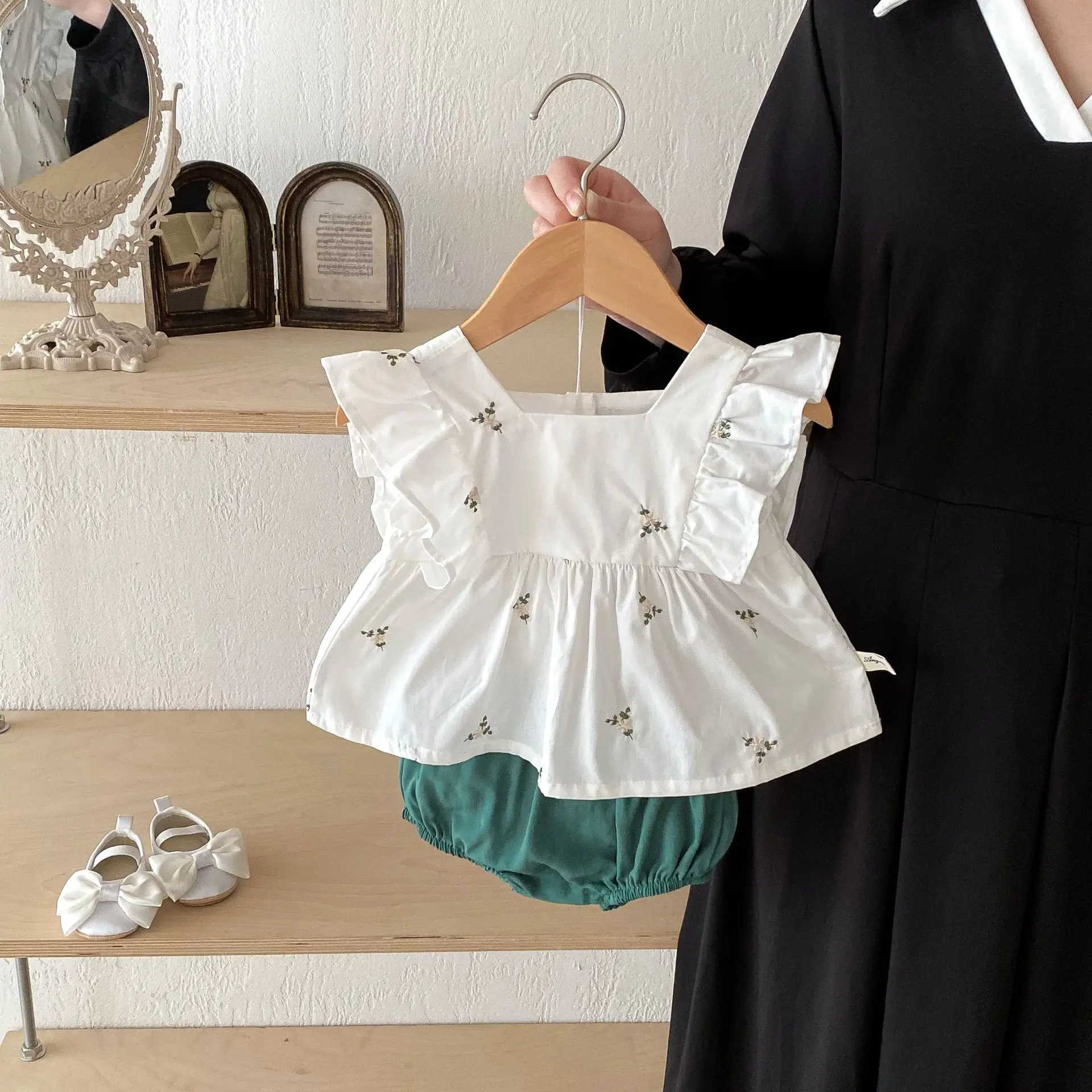 2psc Summer Newborn Infant Baby Girls Embroider T-Shirt + Shorts Sweet Set Muslin Kids Fashion Baby Clothing